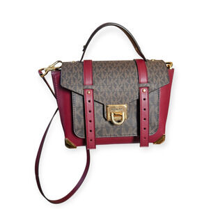 Michael Kors Medium Manhattan Leather Logo Cherry Red Satchel Convertible Bag